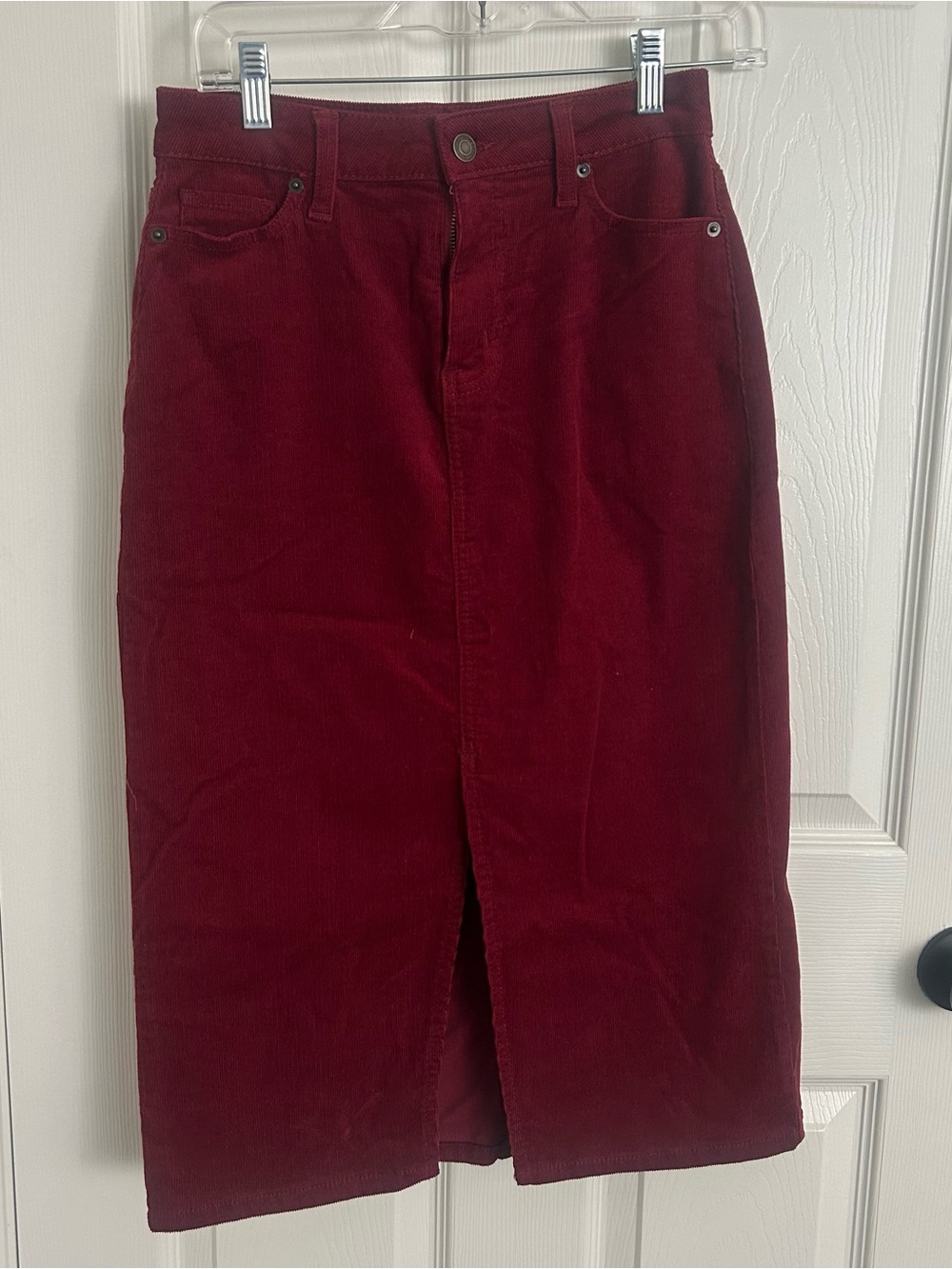 Time and Tru Deep Red Corduroy Midi Skirt with Front Slit